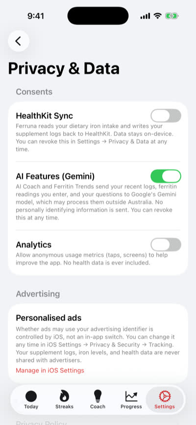 Ferruna’s Privacy and Data screen: separate switches for HealthKit sync, AI features and analytics, with only AI features switched on, and personalised ads shown as an iOS setting rather than an in-app toggle.