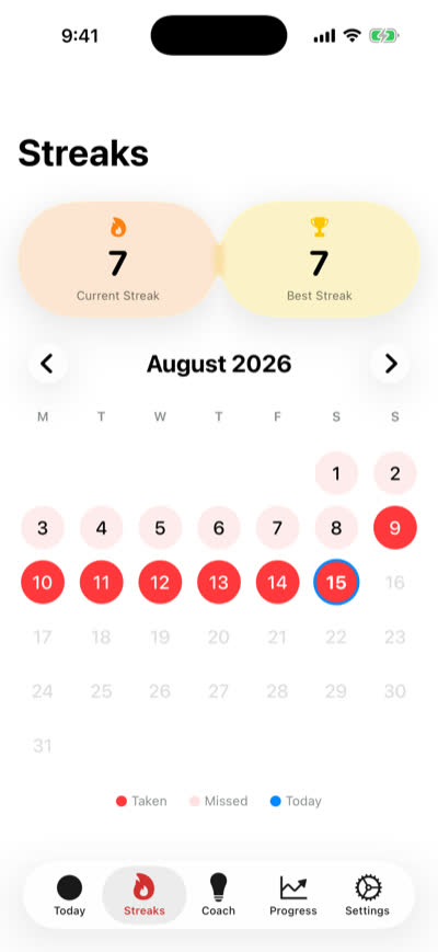 The Streaks calendar for August 2026: seven consecutive logged days ending today, with the days before them marked as missed.