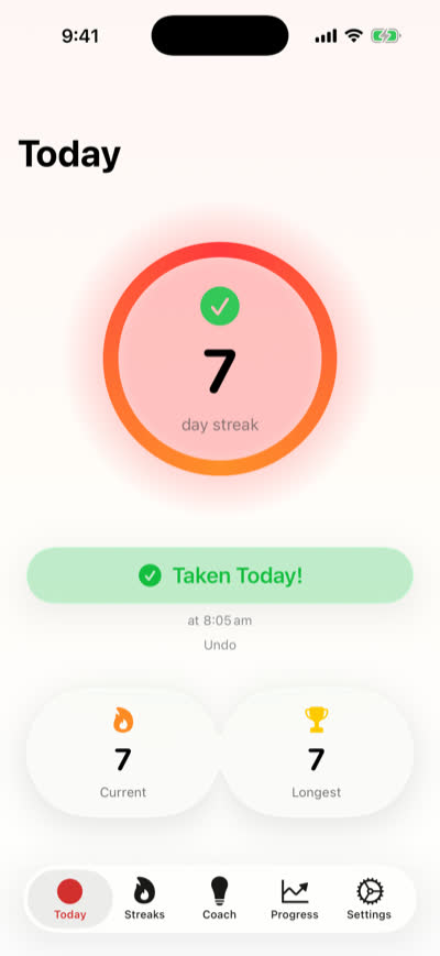 Ferruna’s Today screen on iPhone: a seven day streak ring, and today’s dose already logged at 8:05 am.