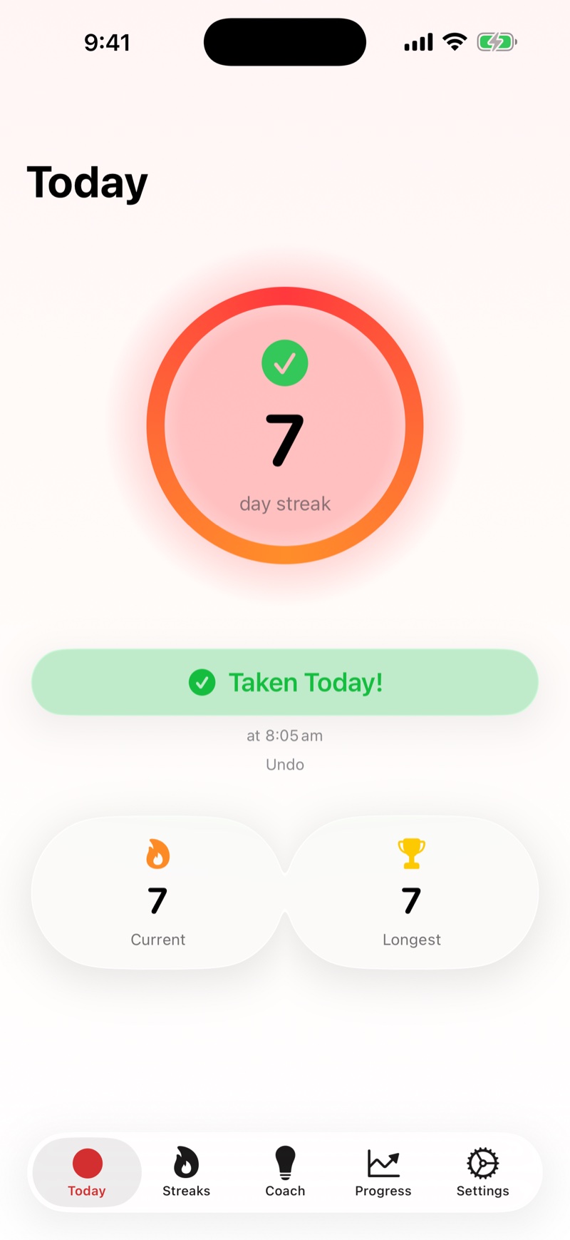 Ferruna Today screen on iPhone showing a 7-day streak ring with today's iron dose logged