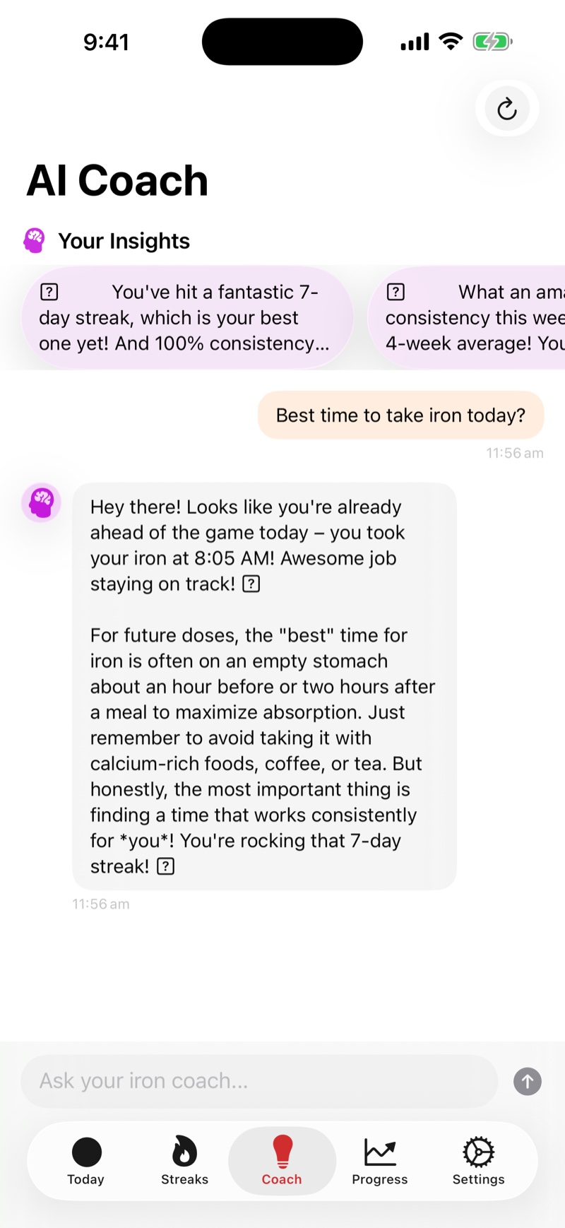 Ferruna AI coach chat suggesting the best time to take iron around coffee