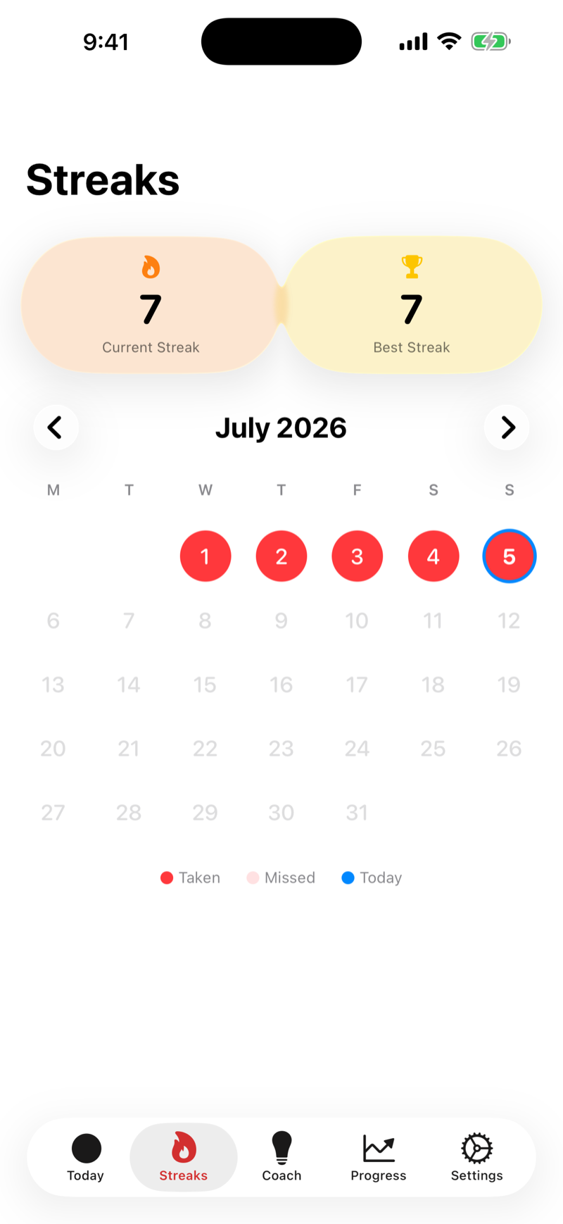 Ferruna streak calendar showing a month of logged iron doses