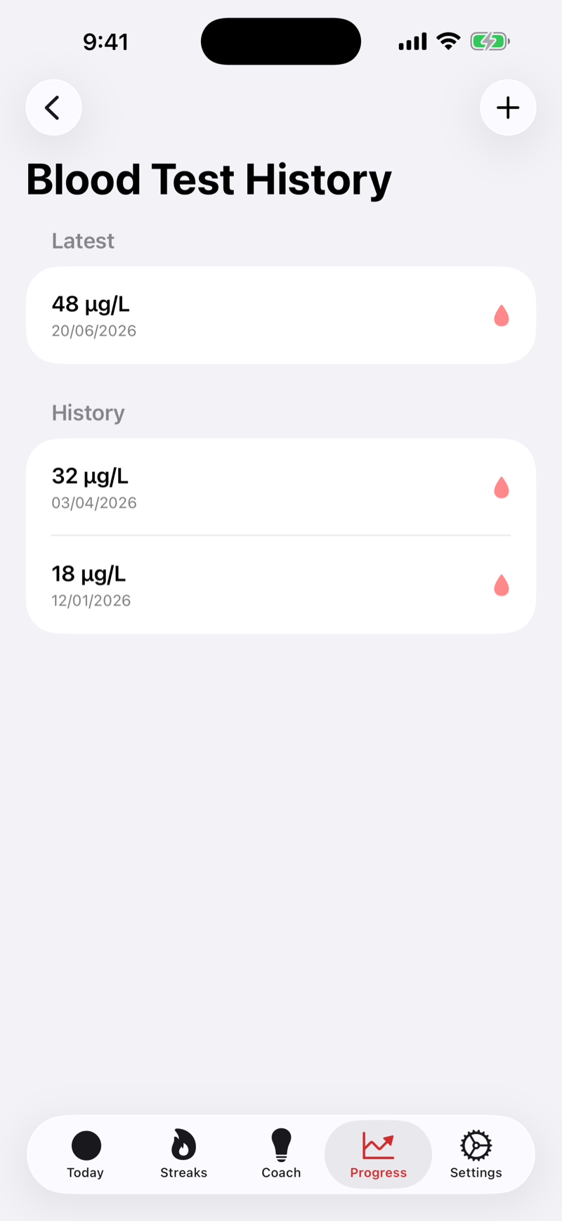 Ferruna blood test trends screen tracking ferritin results over time