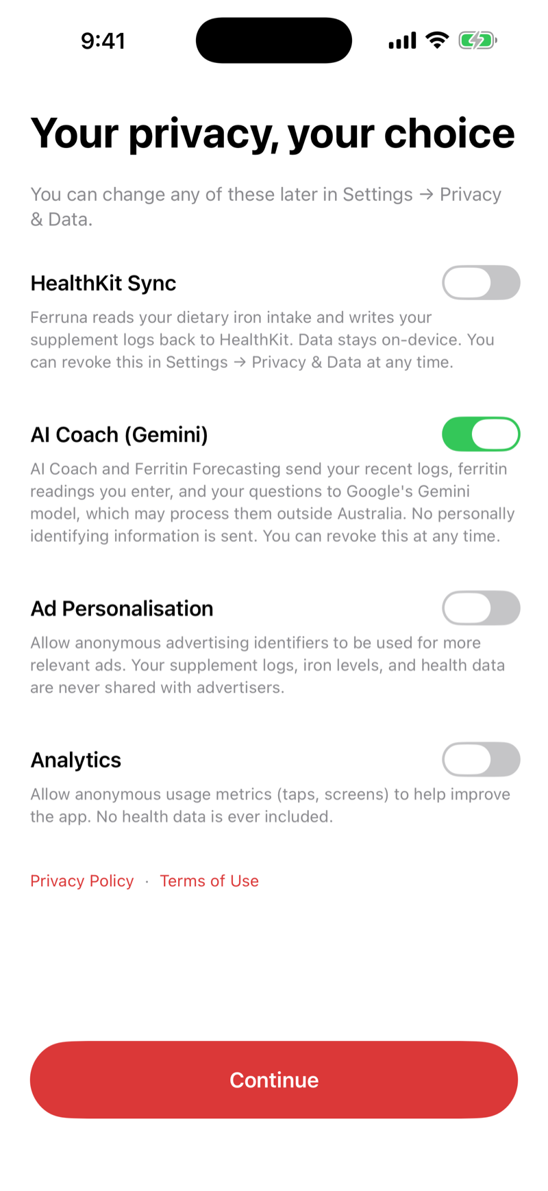 Ferruna privacy consents screen with explicit toggles for Apple Health and AI features