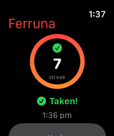Ferruna on Apple Watch showing the streak ring after logging an iron dose